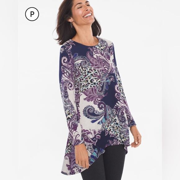 Chicos Asymmetrical Paisley Print Button-Back Lightweight Tunic sz L 2 pockets - Picture 3 of 12